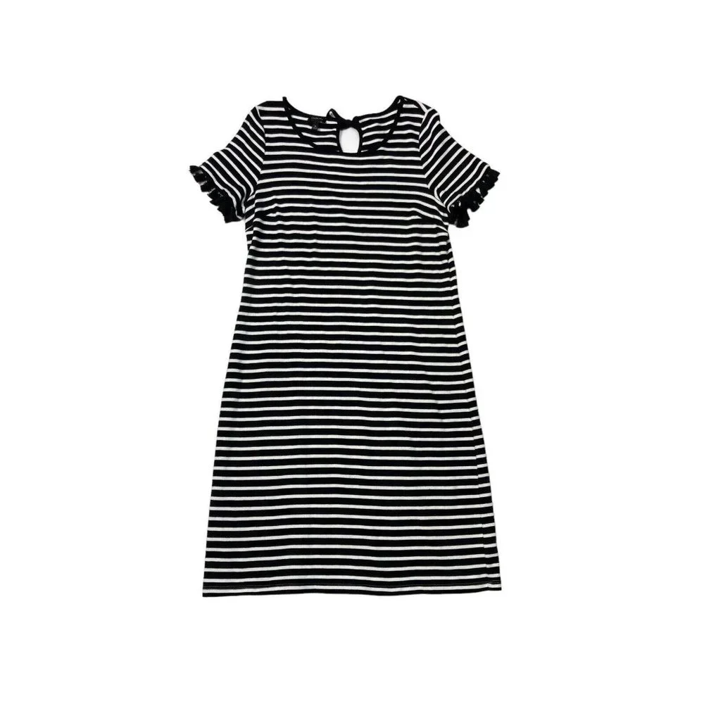 *Talbots Striped Tassle Short Sleeve Dress Womens Med Black White Tie Keyhole